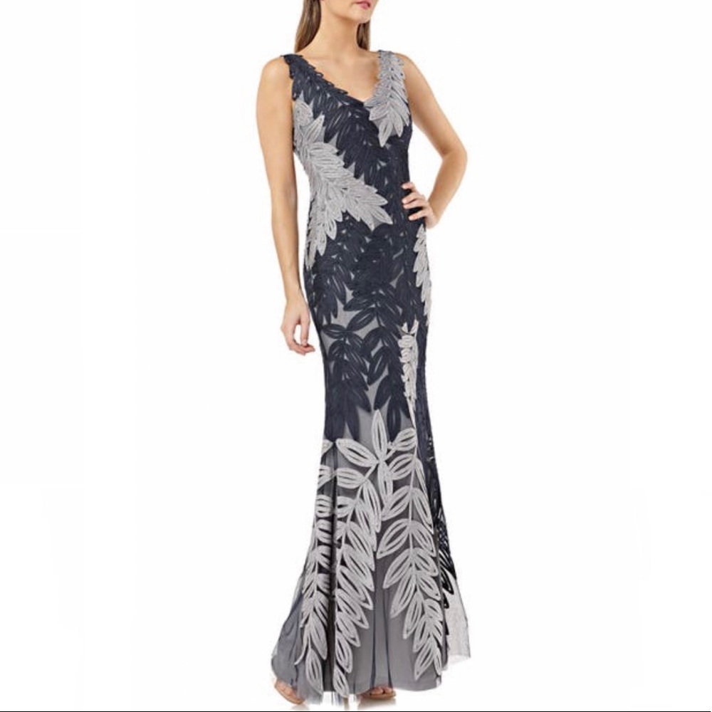 JS Collections Soutache Embroidered Leaf Gown in Navy/Cloud - Picture 1 of 16